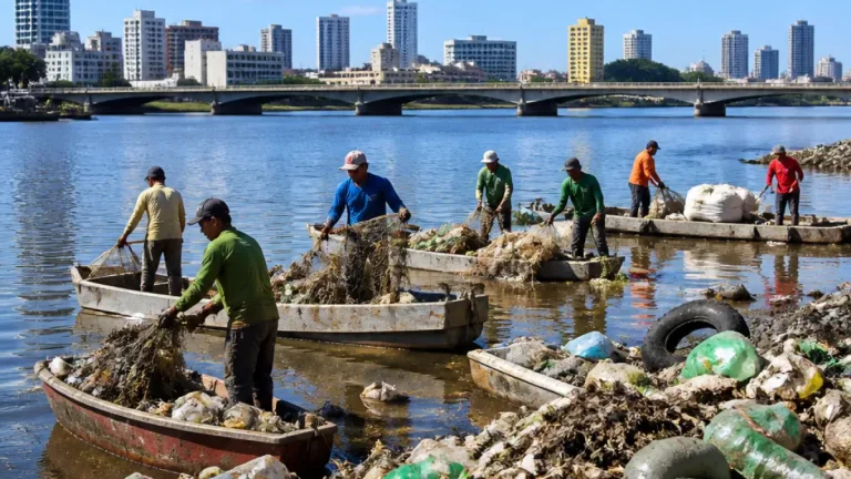 Recife: pescadores e voluntários retiram toneladas de lixo do Rio Capibaribe em ação comunitária