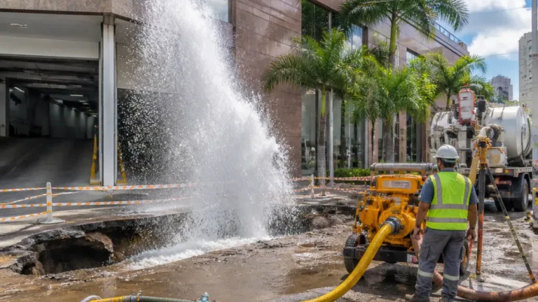 Rompimento de adutora no Centro de Santo André alaga prédio e danifica asfalto