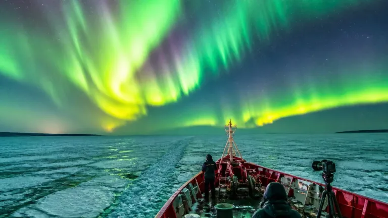 Aurora lights seen from Canadian icebreaker highlight northern skies