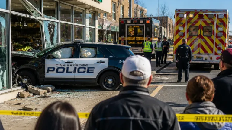 Cambridge police cruiser collides with car and strikes storefront during response