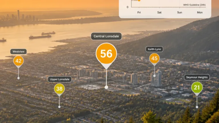 North Vancouver air quality shows variable readings; some stations report elevated PM2.5