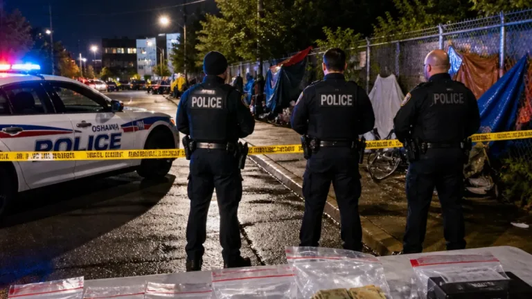 Oshawa police seize drugs, weapons after encampment search near Bond Street West
