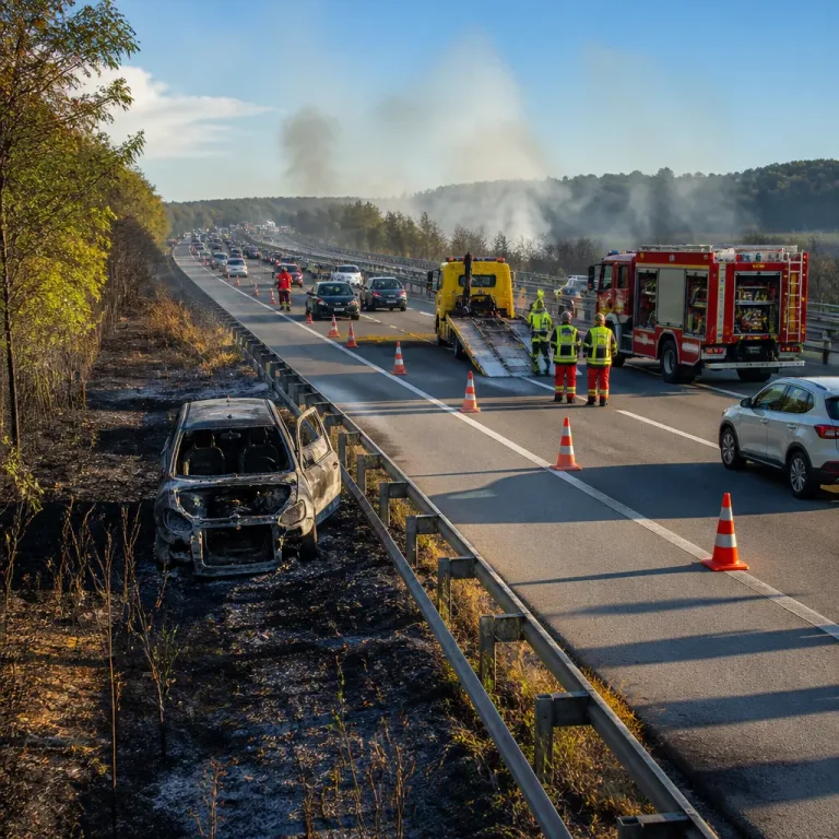 Fahrzeugbrand auf A8 fordert Sanierung der Fahrbahn und Verkehrsbehinderungen