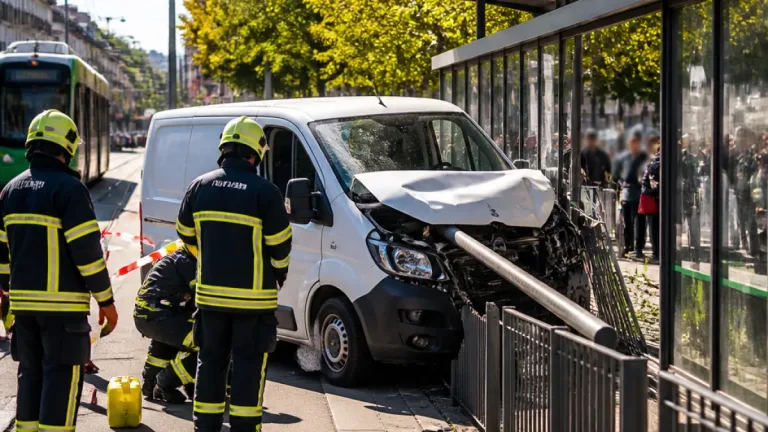 Lieferwagen durchbricht Geländer an Tramhaltestelle St. Alban-Tor – Lenker nur knapp verschont