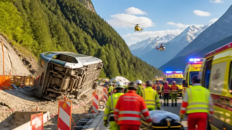 Schwerer Carunfall im Engadin: Fünf Tote, rund 40 Verletzte bei Kippung im Baustellenbereich