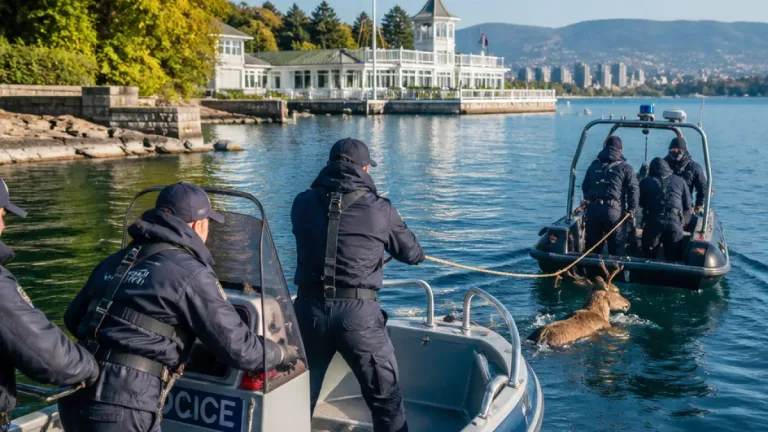 Seepolizei rettet erschöpften Rehbock 500 Meter vom Ufer des Genfersees
