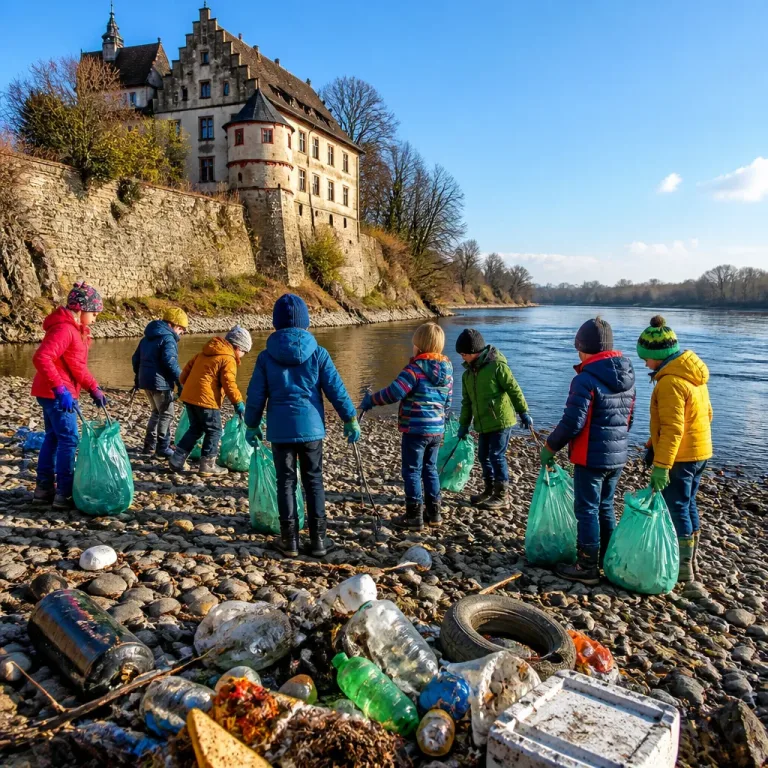 Neun Kinder räumen Rheinufer auf und lernen Folgen von Plastikmüll
