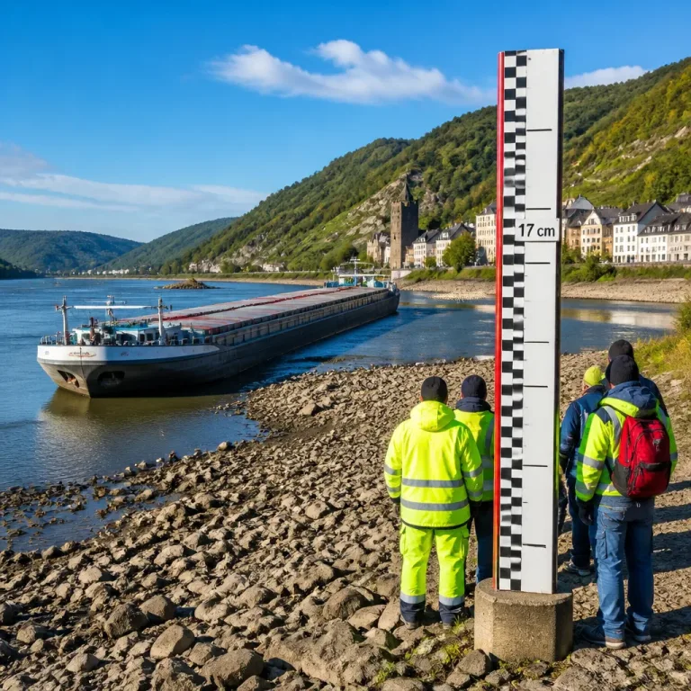 Niedrigwasser am Rhein erschwert Binnenschifffahrt: Pegel Kaub bei 17 cm, weitere Verschärfung möglich