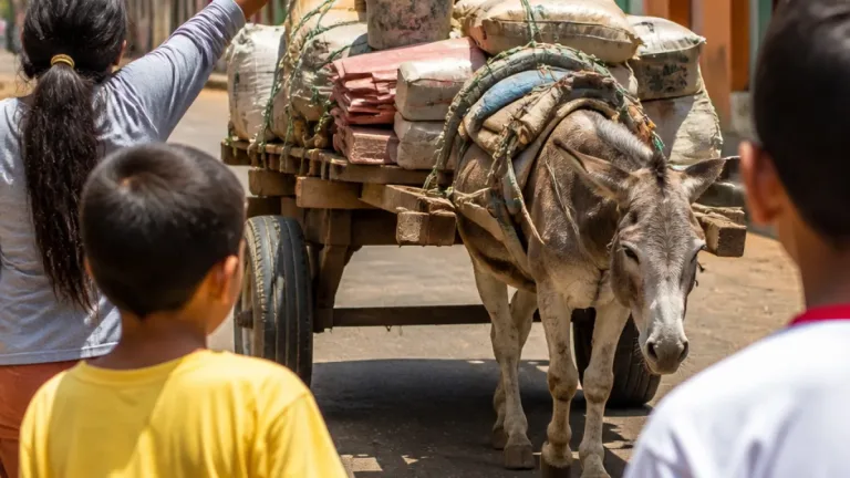Denuncian maltrato de un burro en Sabaneta: imágenes muestran sobrecarga y tránsito con carreta