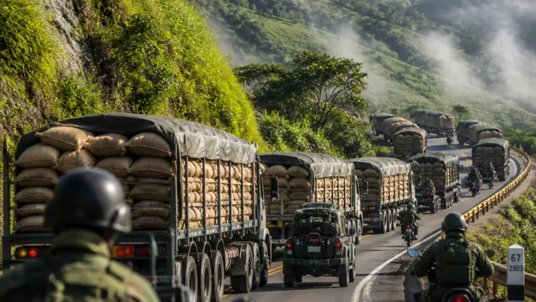 Popayán: Ejército escolta caravana de 39 tractomulas de café en la Panamericana