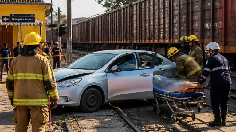Tren de carga embiste a vehículo detenido en vías de Córdoba; una mujer quedó atrapada pero resultó ilesa