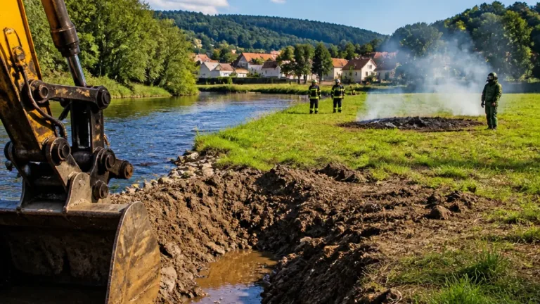 Bagrista při úpravě koryta Vltavy vytáhl dělostřeleckou minu s bílým fosforem, pyrotechnici ji odpálili na louce