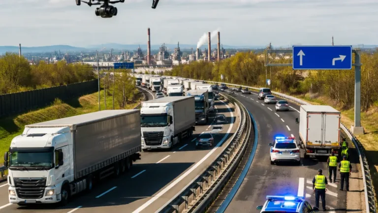 Dron na D1 odhalil desítky přestupků kamionů, policie udělila pokuty za desetitisíce