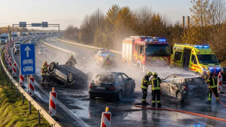 Hromadná nehoda na D1 u Ostravy: tři auta, jeden vůz na střeše, požár a uzavřený směr na Brno