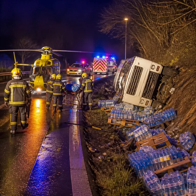 Kamion s balenou vodou sjel ze silnice u Kozlova; řidič transportován vrtulníkem v těžkém stavu