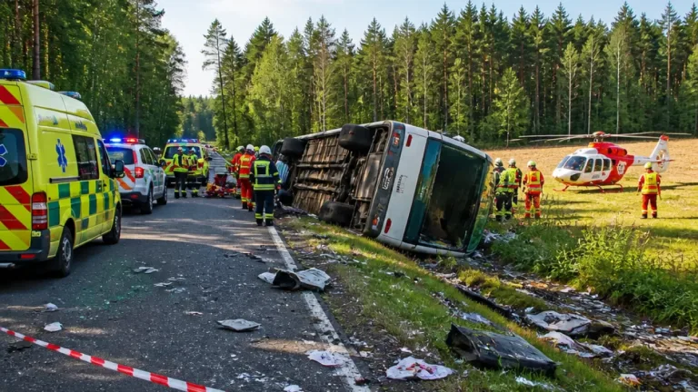 Na silnici I/34 u Holiček havaroval autobus, několik osob bylo zraněno; místo uzavřeno
