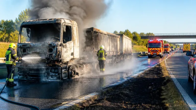 Požár nákladní soupravy na D1 u Modletic zablokoval dva pruhy, škoda 600 tisíc