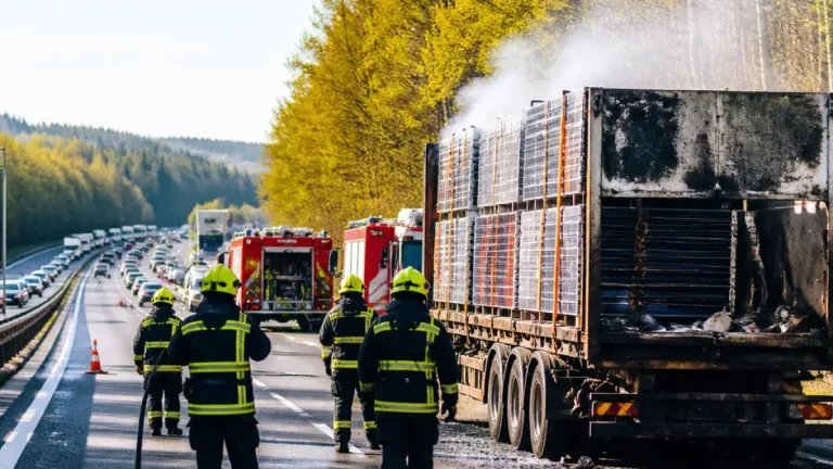 Požár přívěsu s fotovoltaikou uzavřel D8 u Lukavce, provoz obnoven až dopoledne