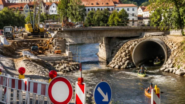 Rekonstrukce mostu na Plešivci omezí dopravu, vodáci proplouvají přes velký tubus