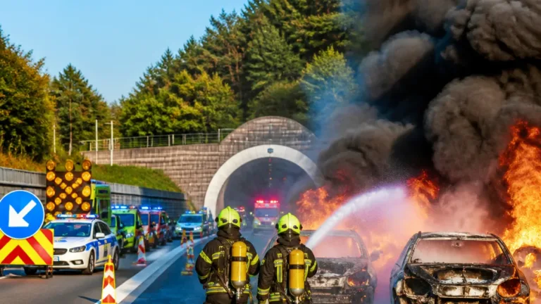 Srážka tří aut u Klimkovického tunelu uzavřela D1; dvě vozidla začala hořet, čtyři lidé zraněni