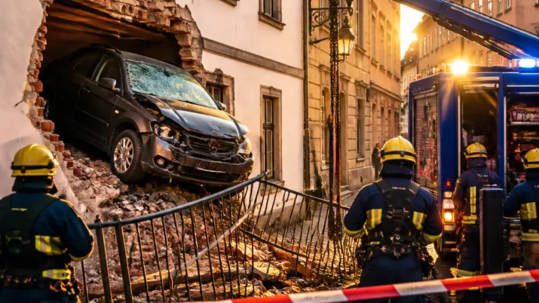 Auto durchbricht Geländer und fährt in Haus — Unfall in Bamberg mit zwei Schwerverletzten