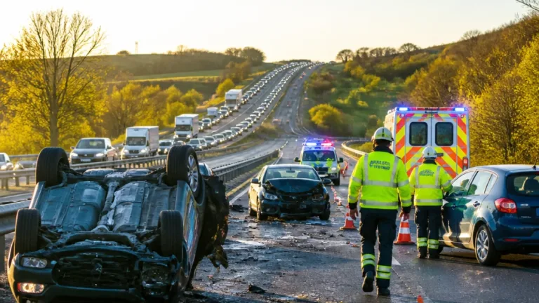 Fahrfehler auf A5: Drei Autos kollidieren, ein Wagen überschlägt sich – Stau bis fünf Kilometer