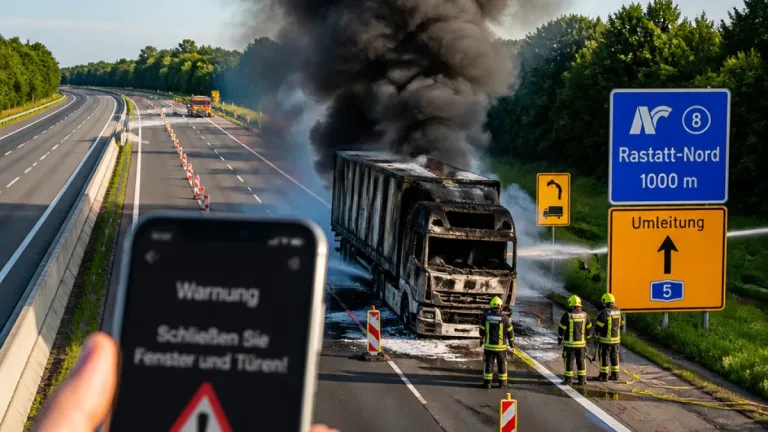 Feuerwehr löscht brennenden Lkw bei Rastatt – A5 voll gesperrt, Rauchwarnung für Baden‑Baden