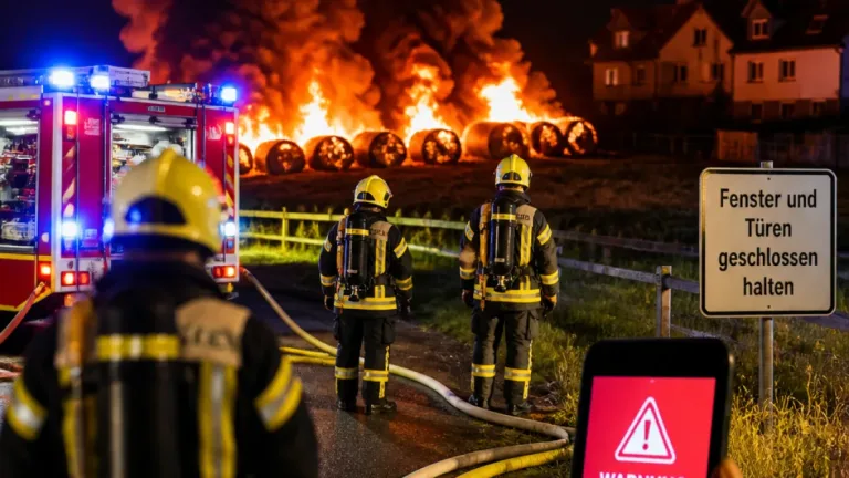 Großbrand in Hüttenberg: 1.600 Rundballen lösen Warnung für Anwohner aus