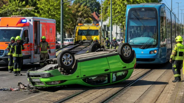 Kassel: Auto überschlägt sich bei Oberzwehren und bleibt auf Straßenbahnschienen liegen
