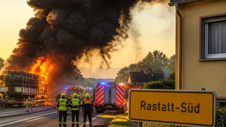 Lkw mit Reifen auf A5 bei Rastatt in Brand – Teilfreigaben, Rauchwarnung für Anwohner