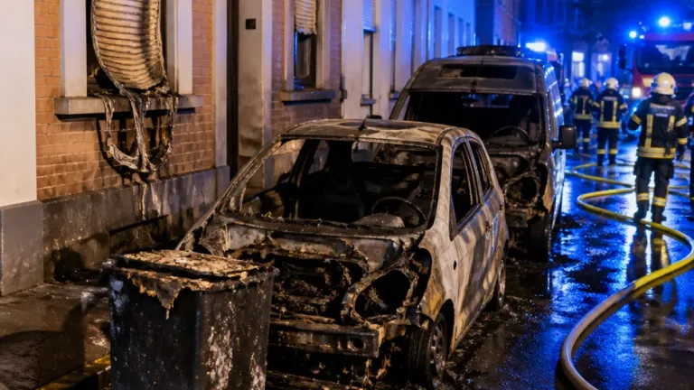 Mülltonnenbrand greift auf Fahrzeuge über: Feuerwehreinsatz in Neuss-Innenstadt