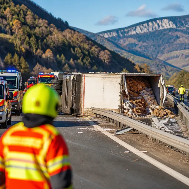 Sattelschlepper mit Tierhäuten kippt auf A2 bei Villach um – Fahrbahn blockiert, Fahrer verletzt