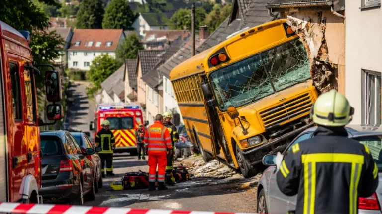 Schulbus rollt in Völklingen-Geislautern bergab und prallt gegen Hauswand