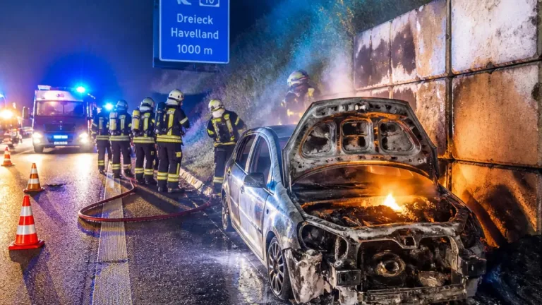 Sekundenschlaf auf der A10: Auto prallt gegen Betonlager und brennt – zwei Verletzte