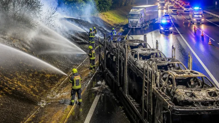 Toter und Verletzte nach Auffahrunfall auf A15 bei Cottbus nach Brand eines Autotransporters