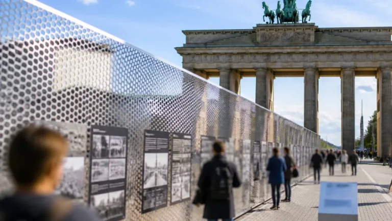 Transparente Mauer vor dem Brandenburger Tor erinnert an 65 Jahre Teilung