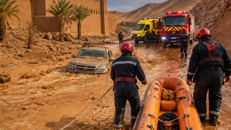 الحماية المدنية بجانت تنقذ شاباً محاصراً بسيارته خلال ارتفاع منسوب الوادي ببرج الحواس