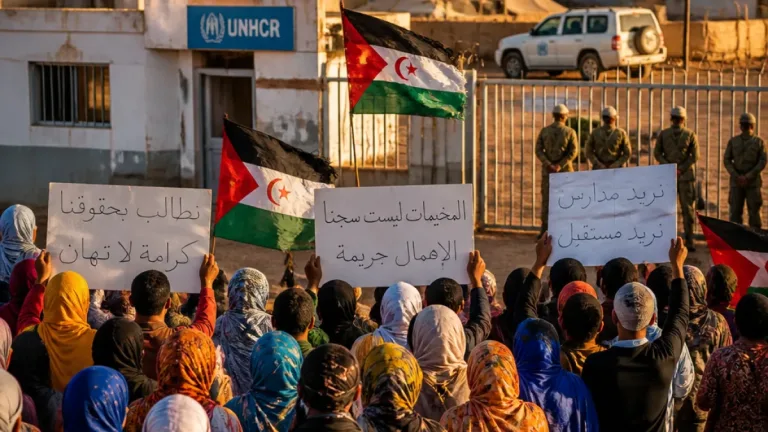 عشرات من سكّان مخيمات الرابوني يتظاهرون أمام مقر البوليساريو ويطلبون تدخل الأمم المتحدة