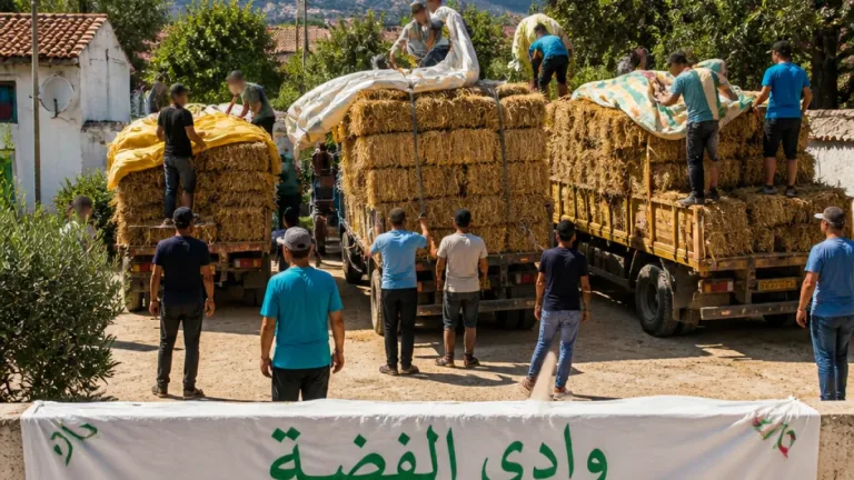 قافلة من وادي الفضة بالشلف تنطلق بثلاث شاحنات تبن لمساعدة متضرري حرائق جيجل وبجاية