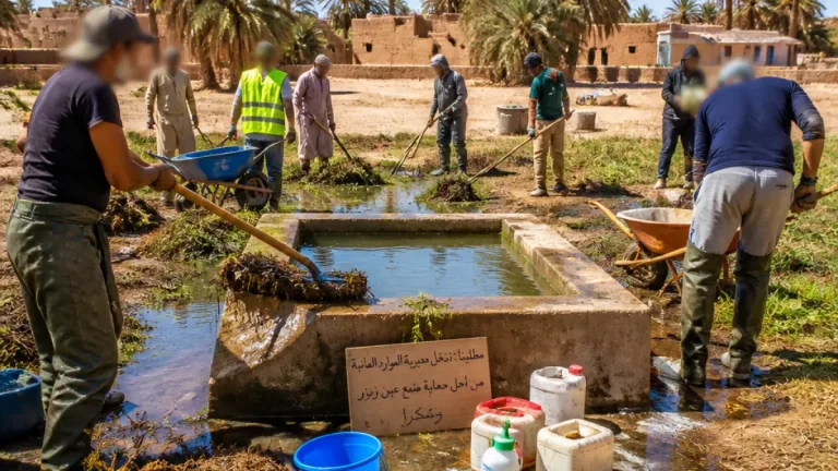 سكان بوقوس ينظفون منبع عين تزير ويطالبون بتوسيع وجهره لضمان الأمن المائي