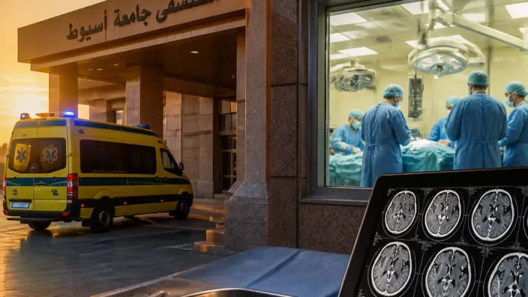 فريق طبي بجامعة أسيوط ينجح في استخراج مقذوف ناري من قاع الجمجمة ويعيد الوعي لشاب ثلاثيني