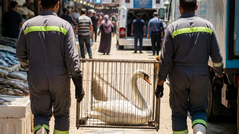 إنقاذ بجعة بيضاء من سوق السمك في بورسعيد ونقلها إلى محمية أشتوم الجميل