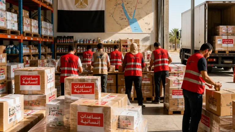 جولة وزير الدولة البريطاني بمخازن الهلال الأحمر بالعريش وتأكيد محافظ شمال سيناء على تسهيل إدخال المساعدات إلى غزة
