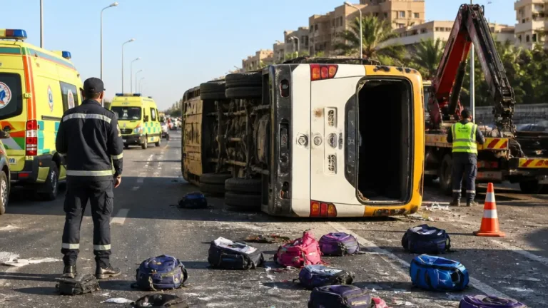 انقلاب أتوبيس مدرسة دولية على طريق السويس قرب الرحاب وإصابة 17 طالبًا وحالة مستقرة