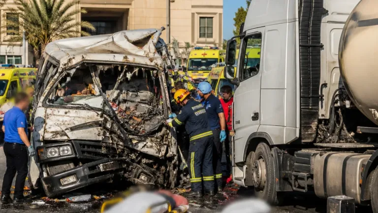 33 مصابًا في تصادم مروع بين سيارة نقل وميني باص أمام المنطقة الصناعية جنوب السويس