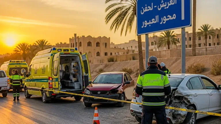 إصابة 4 أشخاص في تصادم سيارتين على طريق العريش–لحفن ورفع آثار الحادث فوراً
