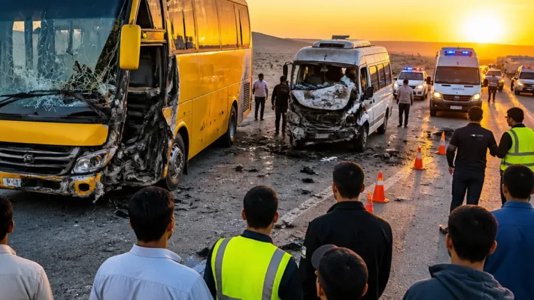 5 مصابين في تصادم بين أتوبيس وميكروباص أمام مدخل أبشواي على الطريق الدائري بالفيوم