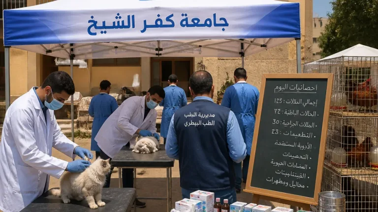 جامعة كفر الشيخ تنفذ قافلة بيطرية مجانية لقرية 58 الخاشعة ببلطيم وتكشف عن 5 آلاف حالة