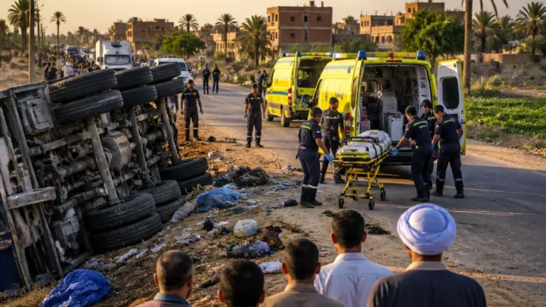 انقلاب مقطورة في بني عبيد يصيب 6 عاملين ونقلهم لمستشفى المدينة