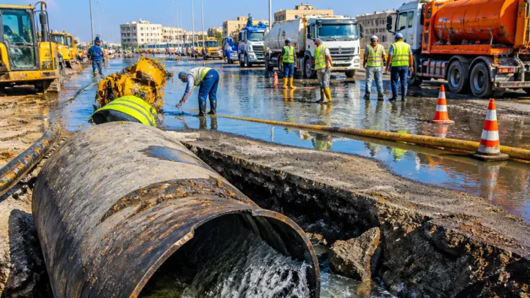بورئسعيد تتحرك لإصلاح كسر خط طرد قطر 630 مم بمحطة الضواحي وتأمين حركة المواطنين
